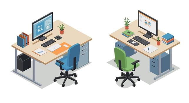 Isometric office desks with modern chairs and computers vector