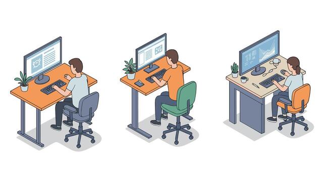 Isometric workspace setup with three diverse office scenes and employees vector