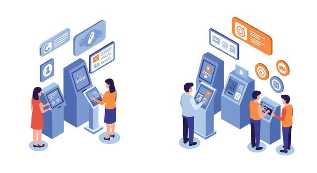 Isometric atm interaction with customers showcasing modern financial technology vector
