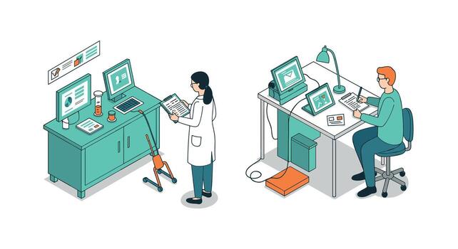 Scientists working in modern labs digital and traditional research environments vector
