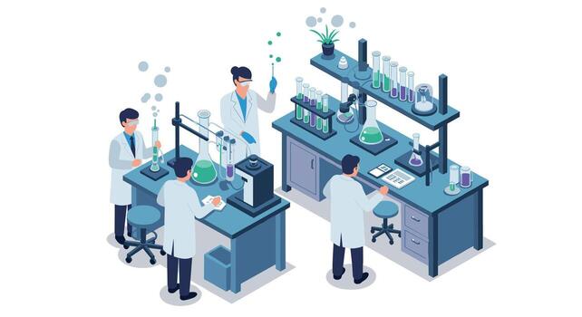 Modern scientific laboratory with researchers conducting experiments in an isometric setting vector