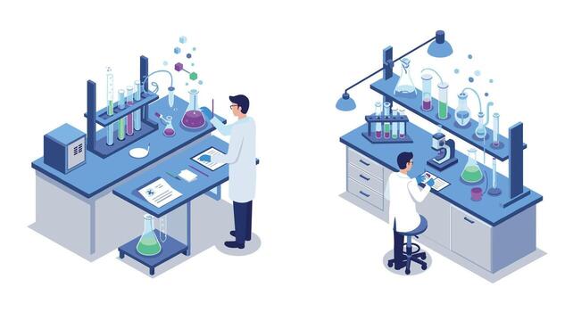 Isometric laboratory scene with scientists conducting experiments and research vector