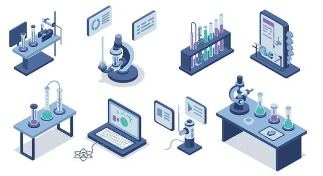 isométrica laboratorio equipo conjunto con microscopio y prueba tubos para moderno Ciencias presentación vector