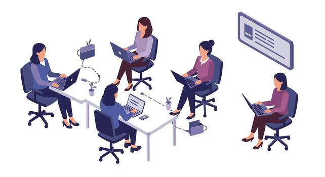 colaborativo oficina equipo reunión en isométrica estilo con laptops y moderno espacio de trabajo elementos vector