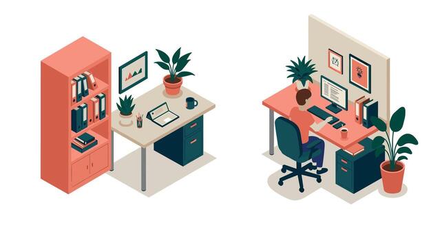 Modern home office setup with desk and bookshelf in isometric style vector