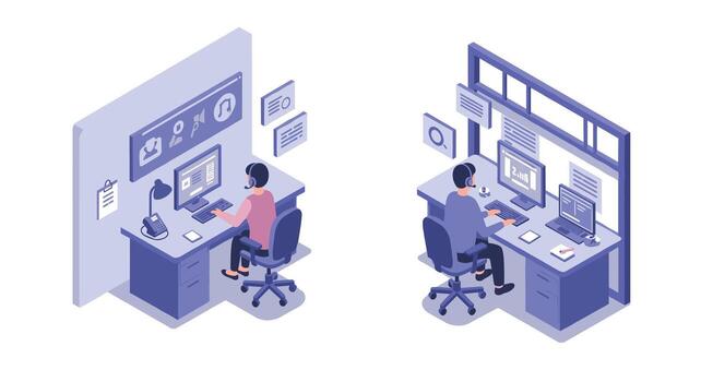 Isometric call center office with employees in headsets working at desks vector