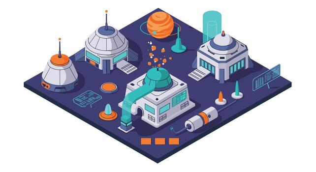 Isometric futuristic space colony scene with domes and technology vector
