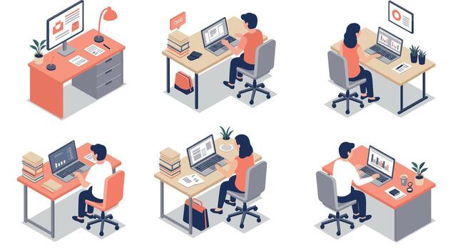 isométrica oficina escenas con diverso trabajadores a escritorios en un moderno espacio de trabajo vector