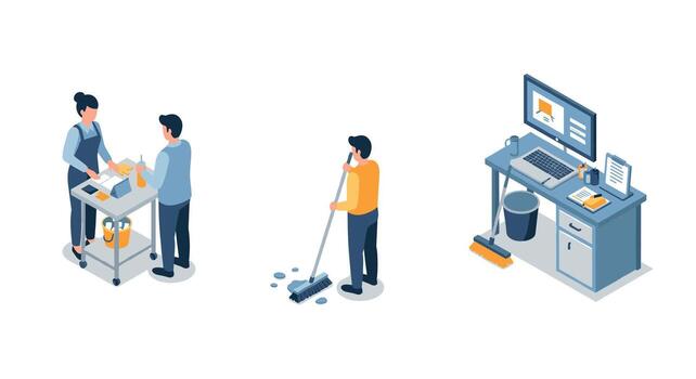 Office cleaning and sanitizing workflow in isometric style vector