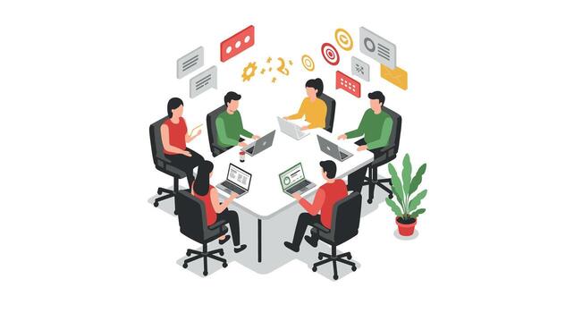 Collaborative team meeting in an isometric office with laptops and discussions vector