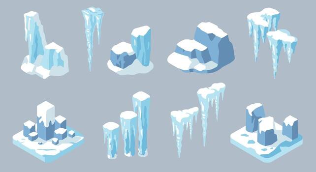 Isometric ice and snow elements collection for winter design projects vector