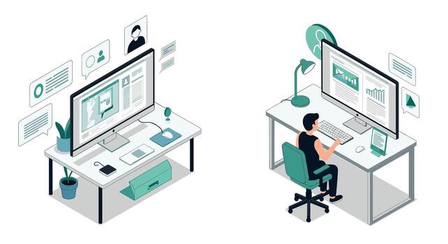 Isometric home office and workspace with computer and decorative elements vector