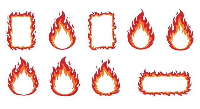 Set of fiery frame designs with versatile flame styles for creative projects vector