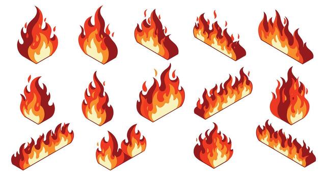 Collection of isometric flame icons in various shapes and sizes vector
