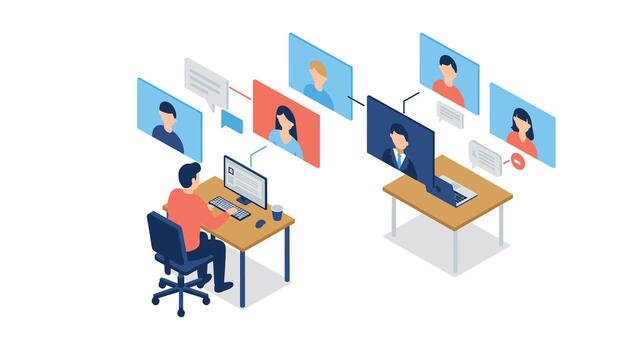 remoto equipo colaboración en isométrica oficina preparar vector