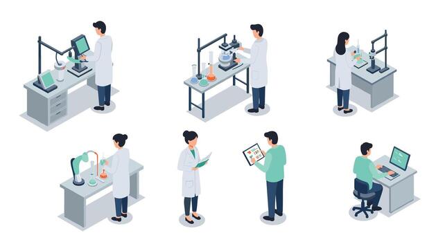 Isometric science lab researchers in modern laboratory experimentation and data analysis vector