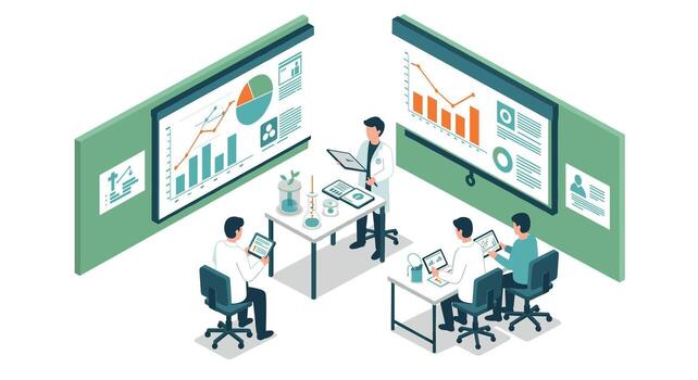 isométrica oficina reunión con datos y analítica presentación vector
