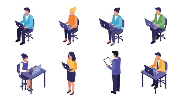 isométrica personas trabajando en laptops y tabletas en oficina ajuste vector