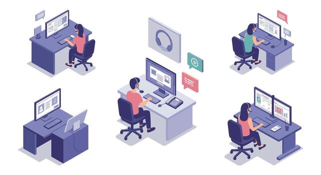 Office isometric illustration of diverse people working at computer desks vector