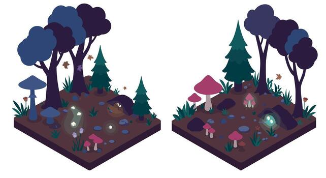 Isometric fantasy forest scene with glowing mushrooms and trees vector