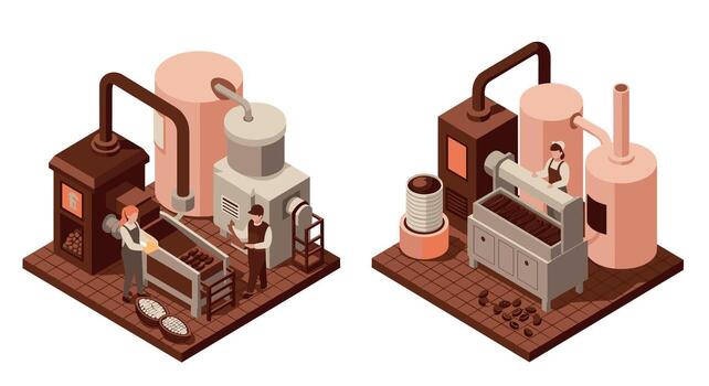 Isometric chocolate factory setting with workers operating machinery vector