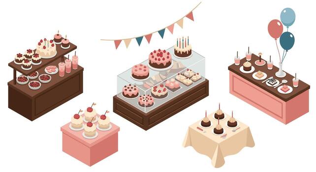 Isometric bakery display with assorted desserts and cakes vector