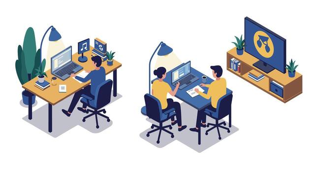 Isometric home office workspace with people working on computers vector