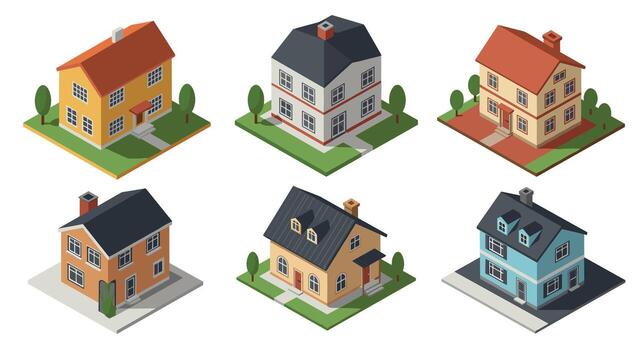 Charming set of isometric houses with trees and yards in various styles and colors vector