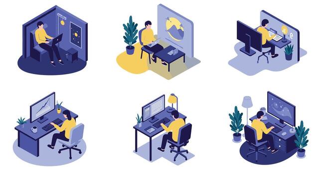 Isometric workplace scenes with people using computers and laptops in modern office settings vector