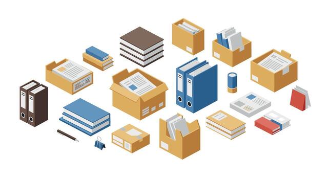 isométrica oficina organización libros, archivos, y almacenamiento cajas en un ordenado diseño vector