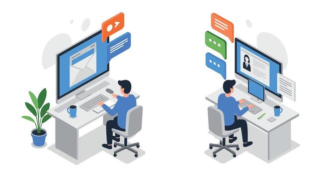isométrica oficina trabajador utilizando computadora para correo electrónico y llamada comunicación vector
