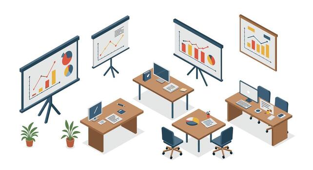 isométrica oficina espacio de trabajo con grafico presentación y moderno ordenadores vector