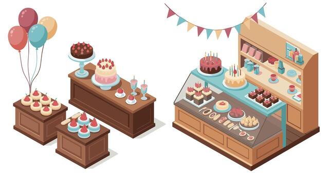 Charming dessert display with cakes and cupcakes in a bakery setting vector