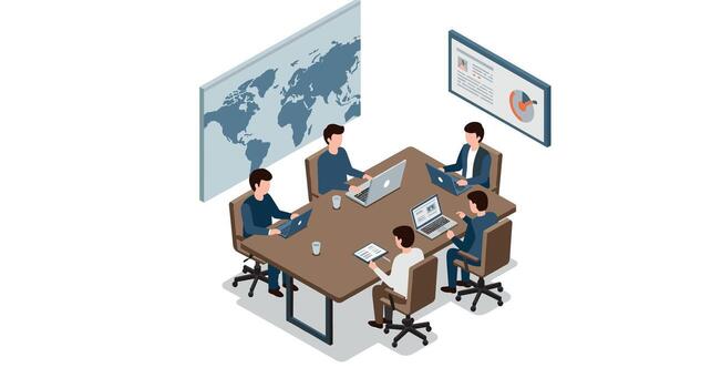 Team collaboration meeting with laptops and world map in isometric office setting vector