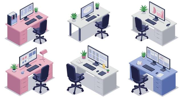 Modern isometric workspaces with desks and computers for office design vector