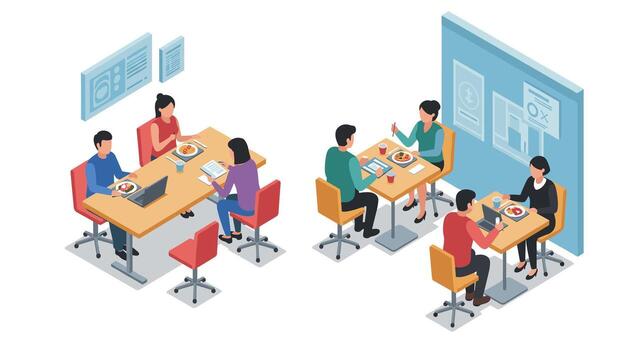Isometric office lunch meeting with colleagues working and dining at tables vector