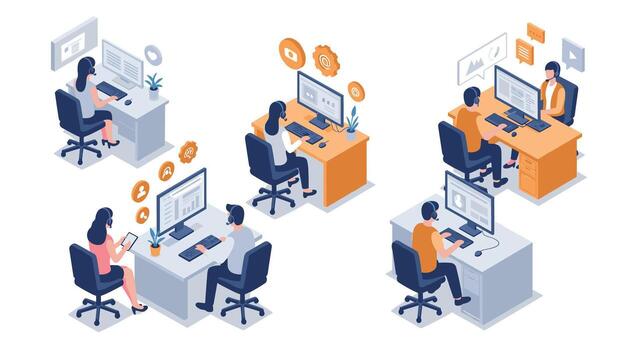 Collaborative office environment with people working at desks in isometric style vector