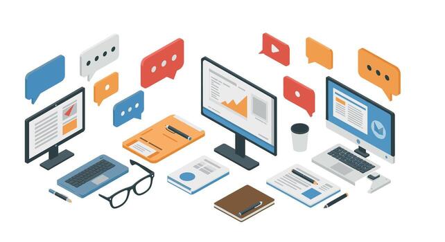 Modern isometric office setup with computers and communication icons vector