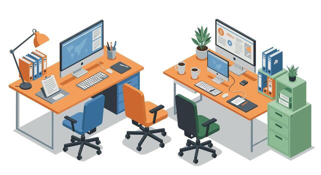 Isometric office workspace with desks and computers in modern design vector