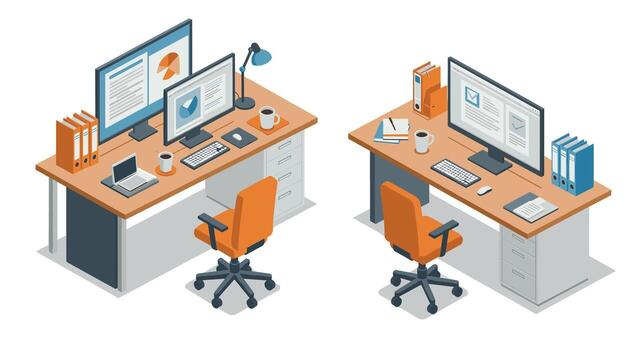 Modern office desk setup with computers and accessories in isometric style vector