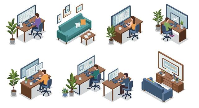 Isometric home office setup with people working at computers vector