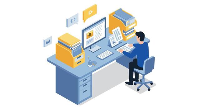 Isometric office workspace with desktop computer and documents vector
