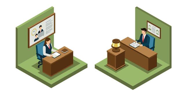Isometric office and courtroom scene with desk and judge vector