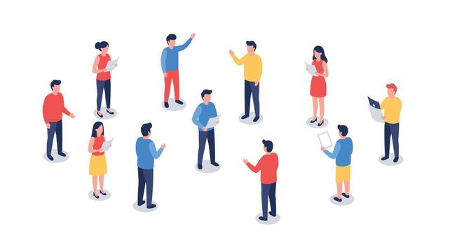 isométrica equipo colaboración concepto con diverso grupo comunicación y Interacción vector