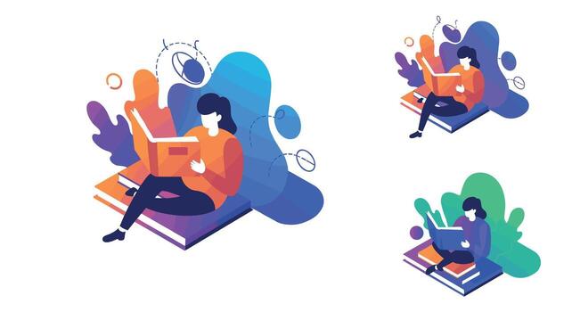 Colorful isometric design of a person reading a book with abstract background vector