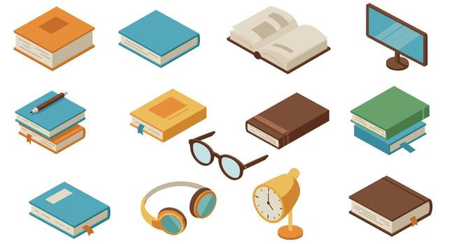 Isometric book and study essentials with desk accessories and technology elements vector