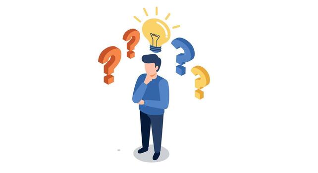 Isometric thinker with light bulb and question marks problem solving concept vector