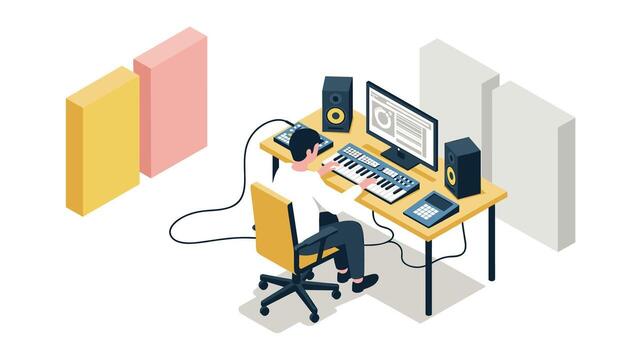 Modern music production studio with producer using keyboard and computer in isometric style vector