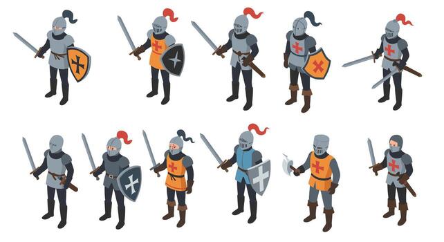 conjunto de isométrica medieval caballeros en armadura y cascos con espadas y escudos vector