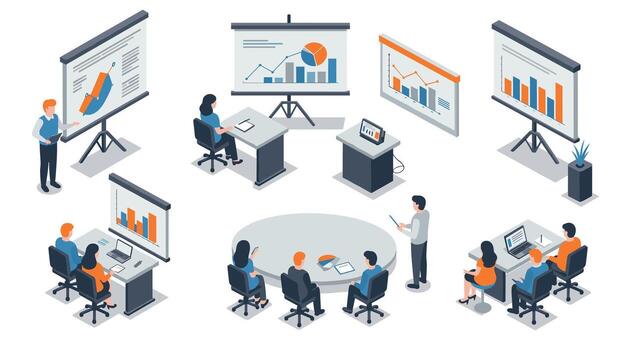 Isometric business presentation and meeting with charts and evolving trends vector